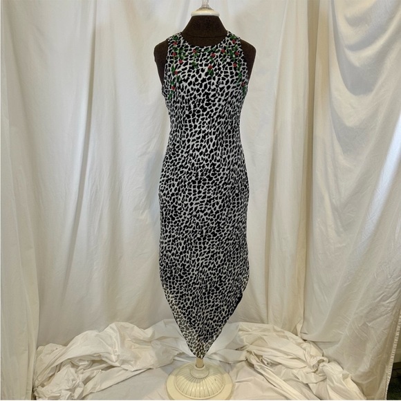 Vintage 1990s Jessica Howard Sleeveless Animal Print Beaded Midi Dress - Picture 2 of 16